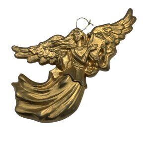 Vintage Gold Angel Christmas Ornament 11"x9” Long Hanging Decoration With Harp